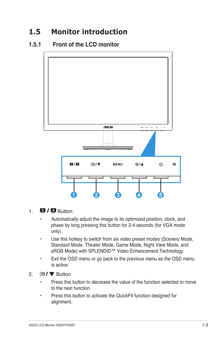 5 monitor introduction, 1 front of the lcd monitor, Monitor introduction -3 1.5.1 | Front of the lcd monitor -3 | Asus VS207T User Manual | Page 9 / 21
