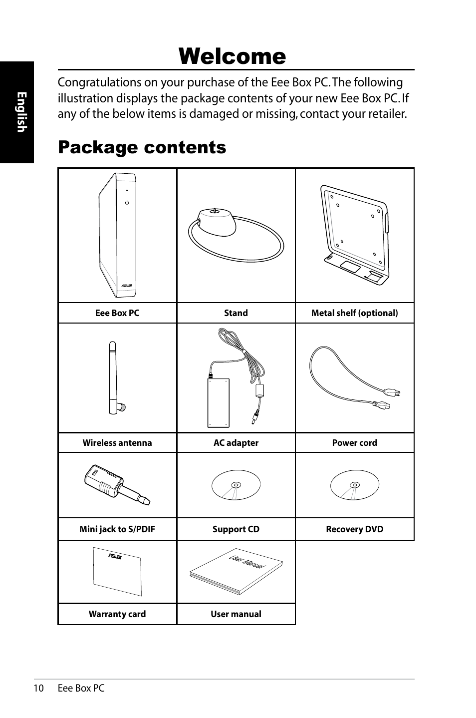Welcome, Package contents, English | Asus B202 User Manual | Page 10 / 130