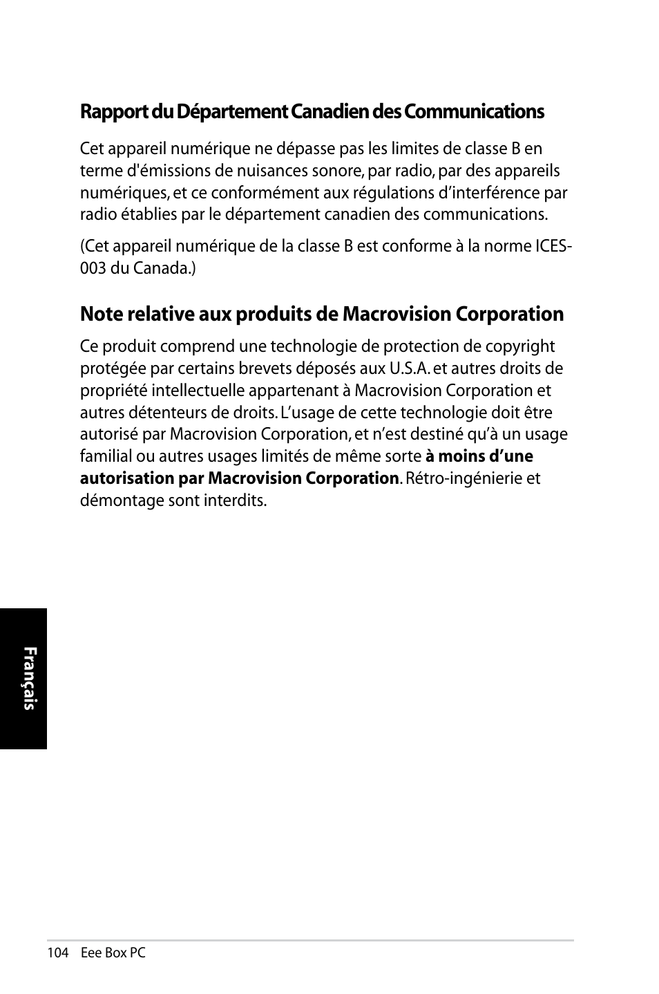 Rapport du département canadien des communications | Asus B202 User Manual | Page 104 / 130