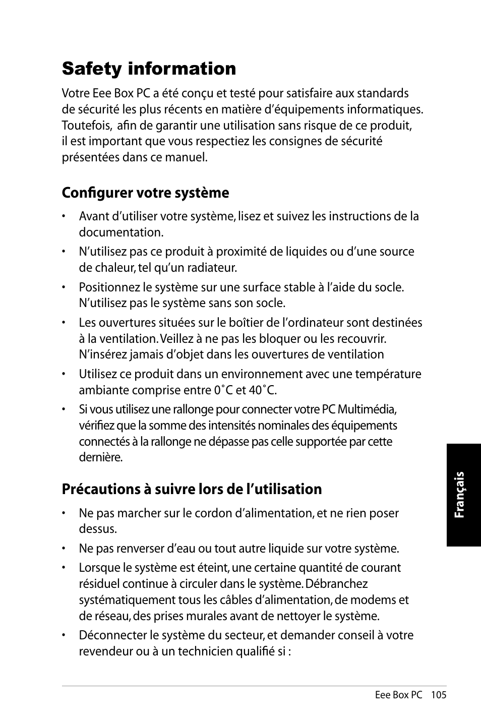 Safety information, Configurer votre système, Précautions à suivre lors de l’utilisation | Asus B202 User Manual | Page 105 / 130