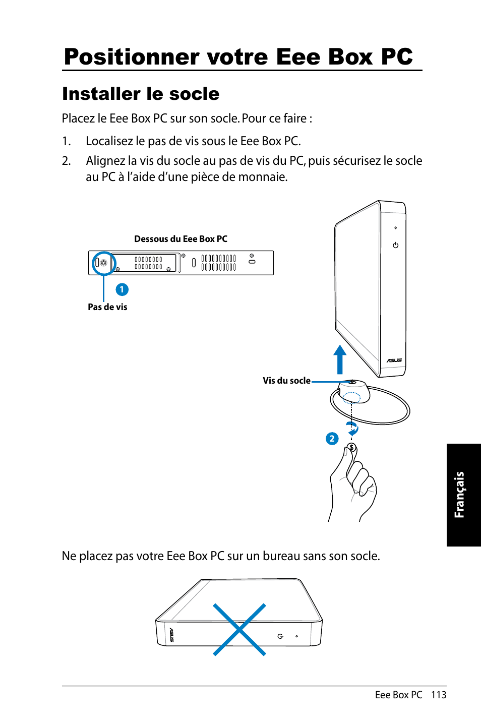 Positionner votre eee box pc, Installer le socle | Asus B202 User Manual | Page 113 / 130