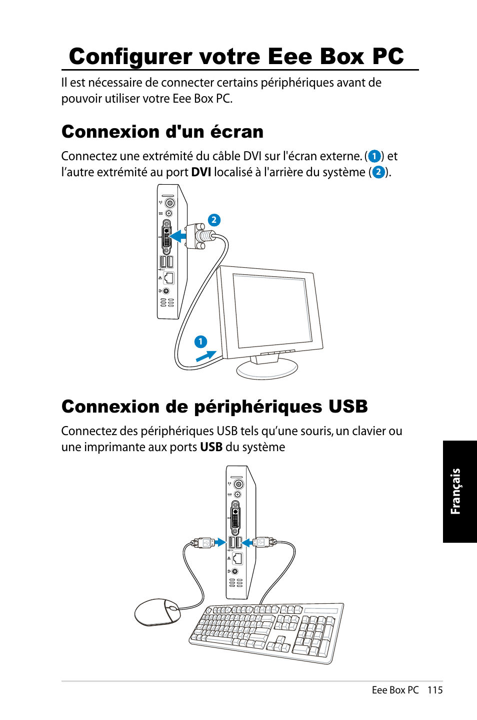 Configurer votre eee box pc, Connexion d'un écran, Connexion de périphériques usb | Asus B202 User Manual | Page 115 / 130