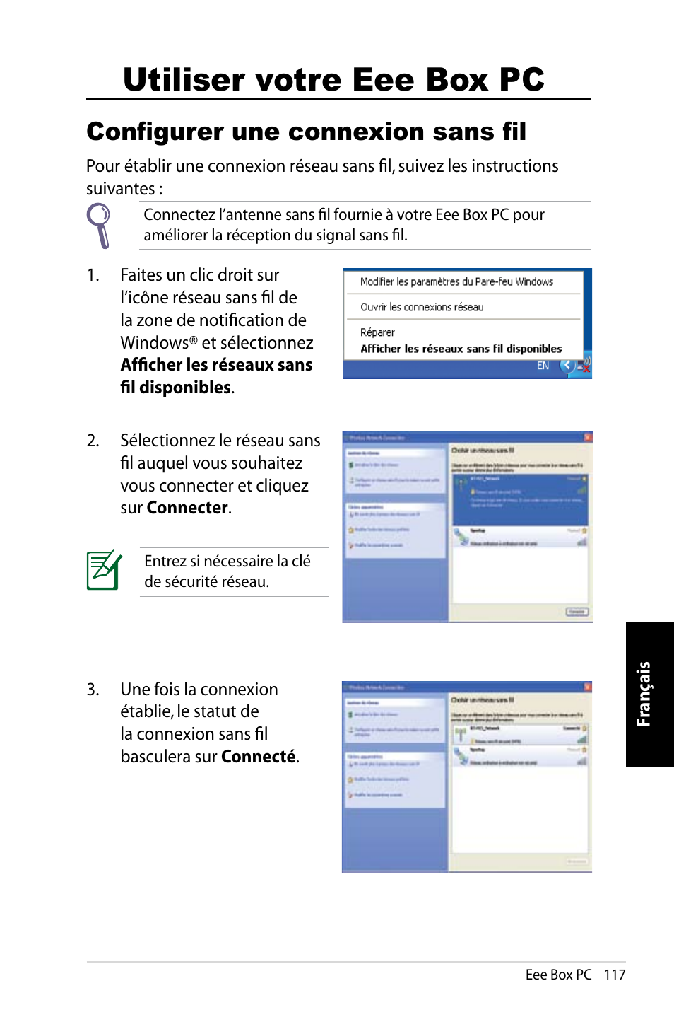 Utiliser votre eee box pc, Configurer une connexion sans fil | Asus B202 User Manual | Page 117 / 130