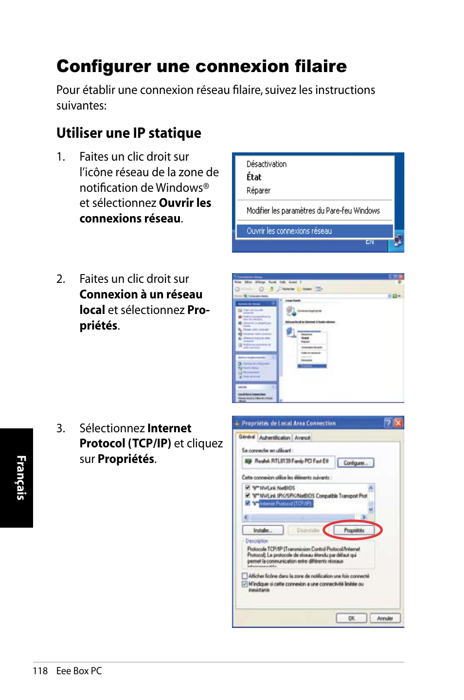 Configurer une connexion filaire, Utiliser une ip statique | Asus B202 User Manual | Page 118 / 130