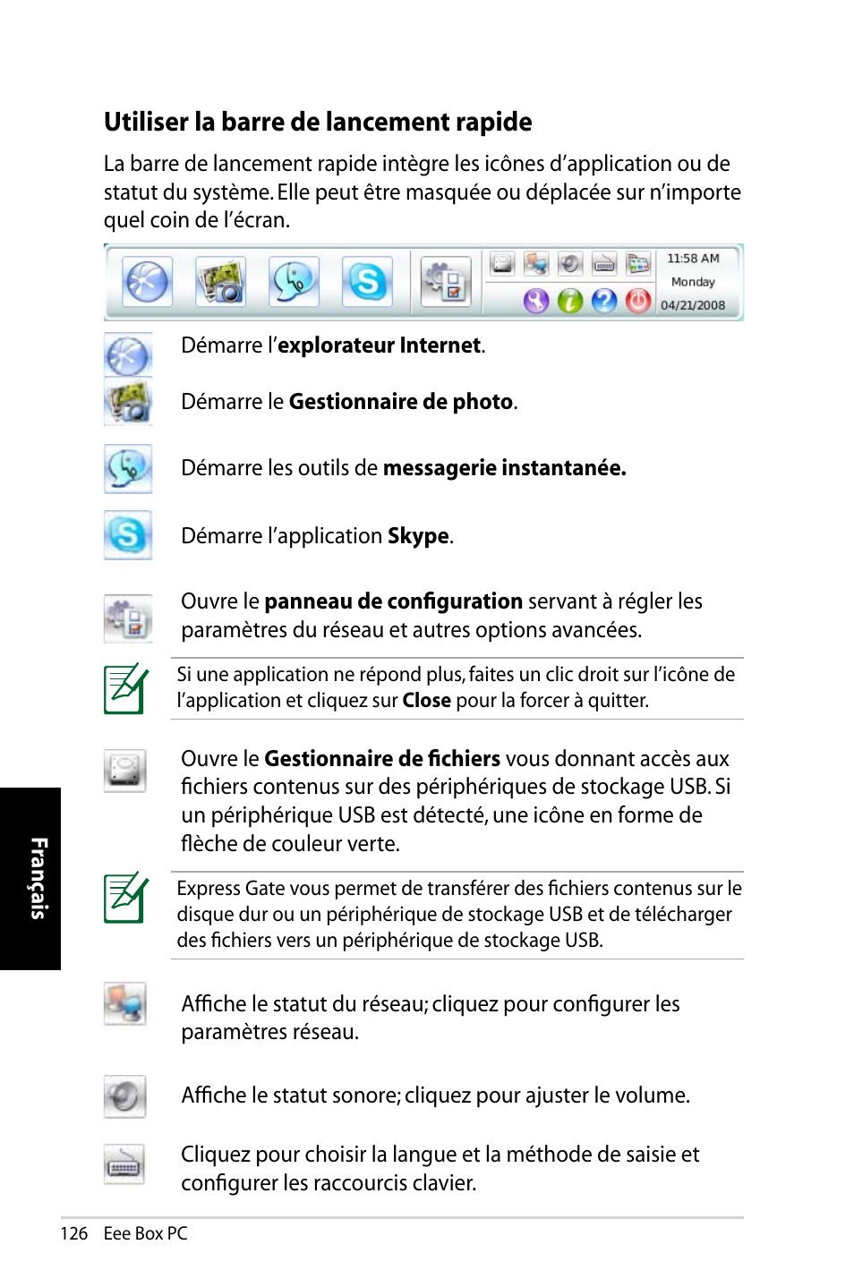 Utiliser la barre de lancement rapide | Asus B202 User Manual | Page 126 / 130