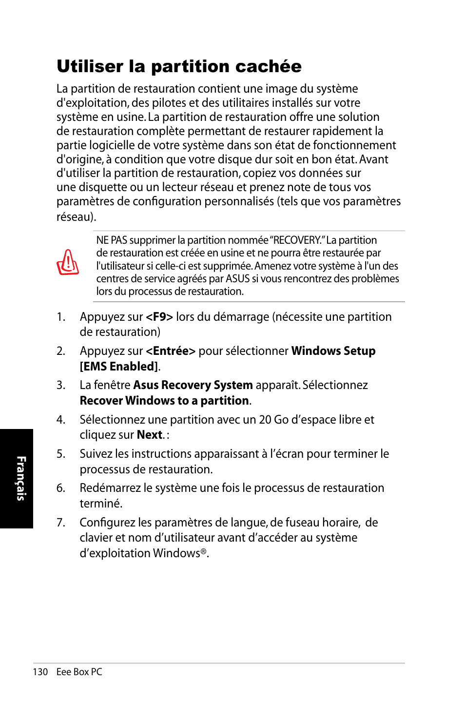 Utiliser la partition cachée | Asus B202 User Manual | Page 130 / 130