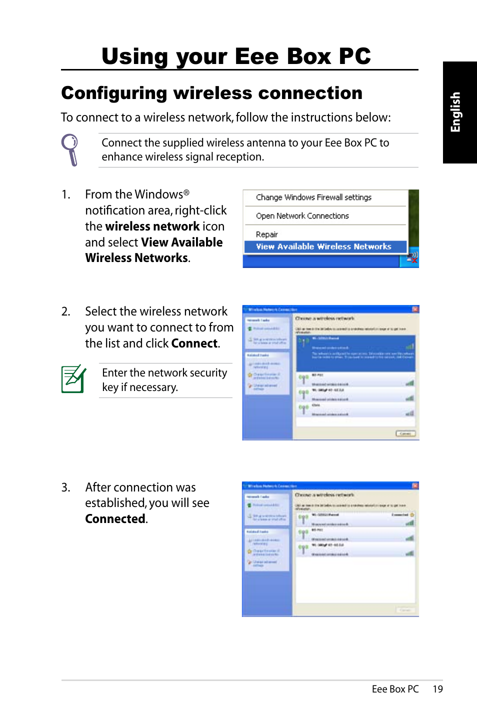 Using your eee box pc, Configuring wireless connection | Asus B202 User Manual | Page 19 / 130