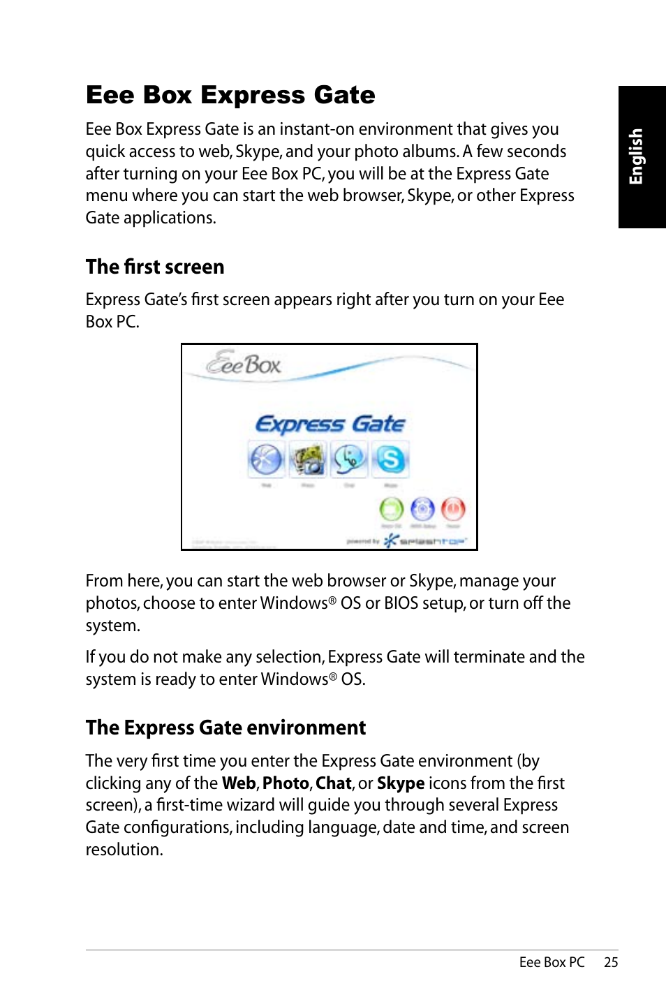 Eee box express gate, The first screen, The express gate environment | Asus B202 User Manual | Page 25 / 130