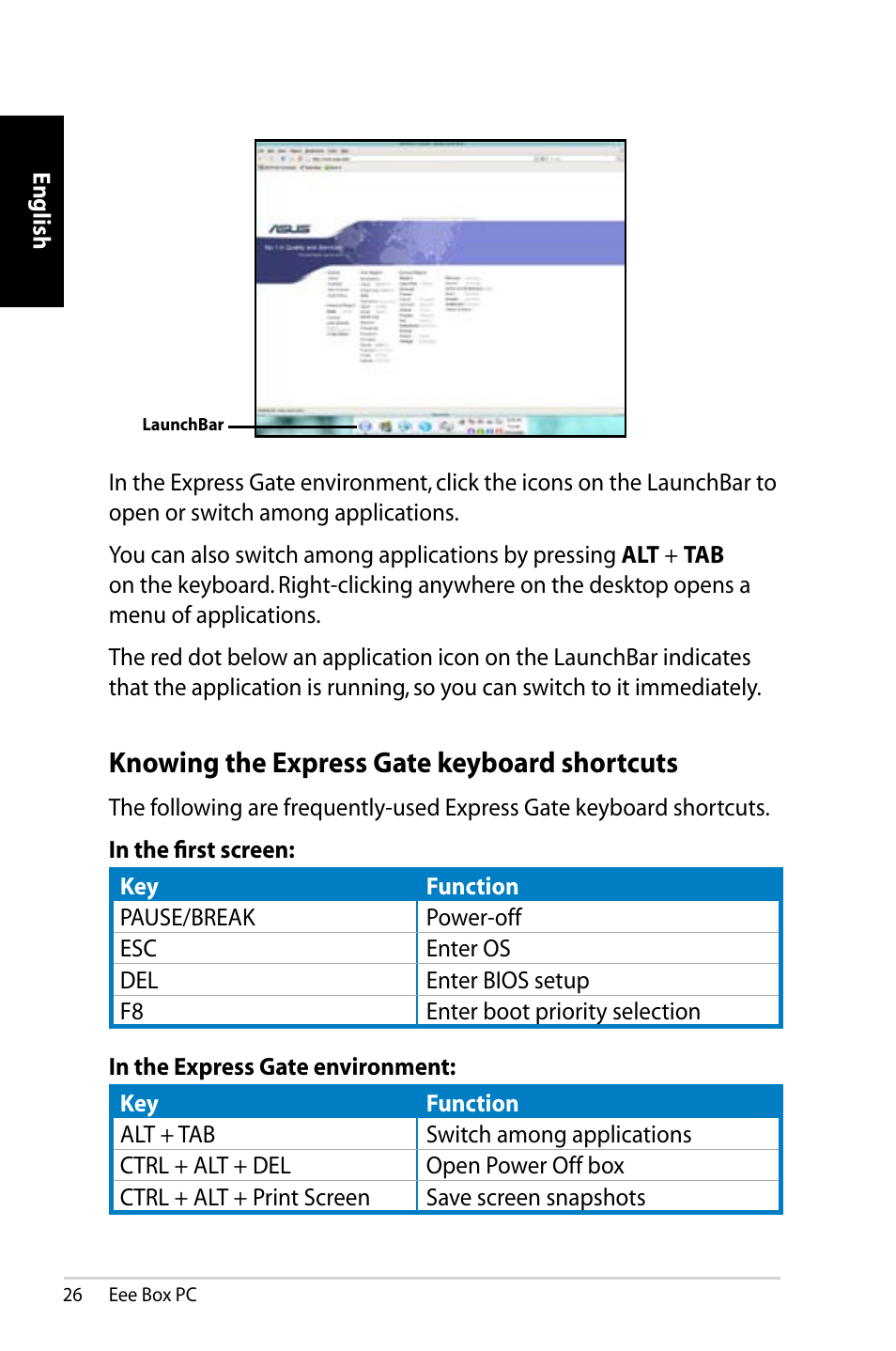 Knowing the express gate keyboard shortcuts | Asus B202 User Manual | Page 26 / 130