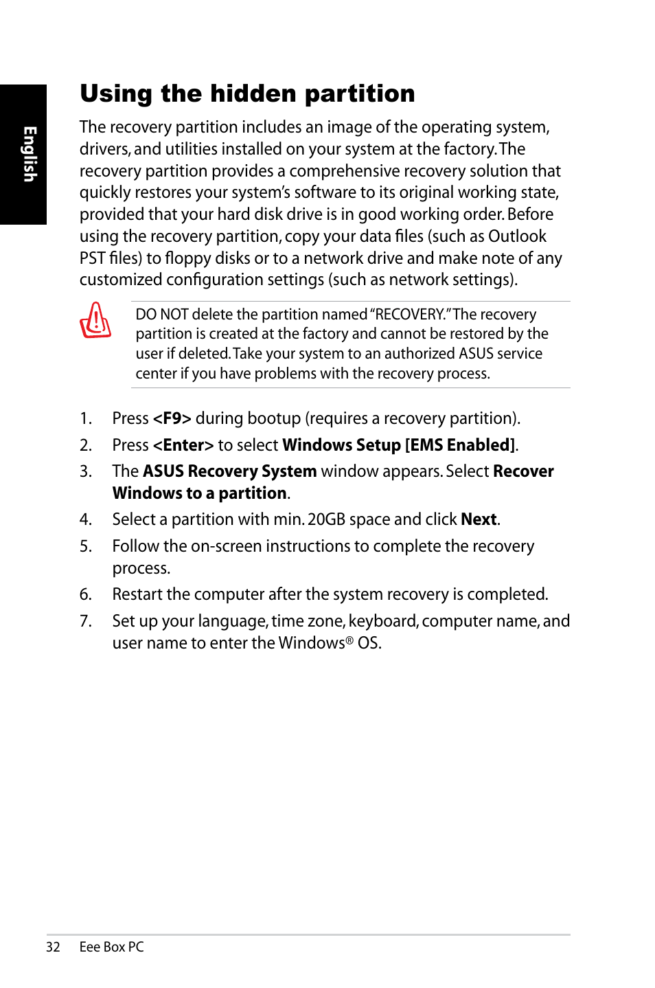 Using the hidden partition | Asus B202 User Manual | Page 32 / 130