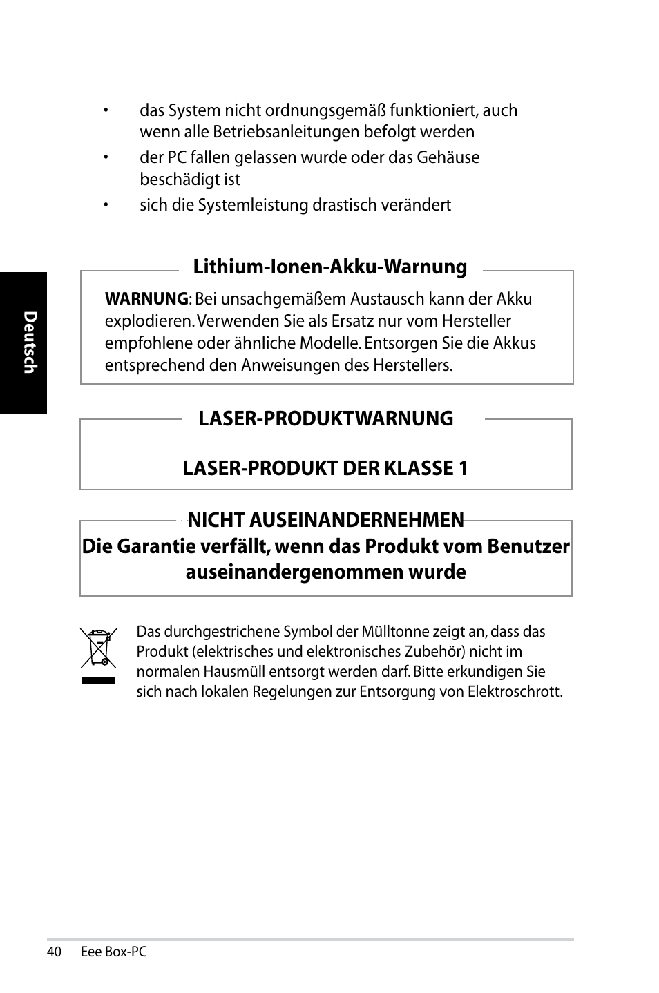 Lithium-ionen-akku-warnung, Laser-produktwarnung laser-produkt der klasse 1 | Asus B202 User Manual | Page 40 / 130