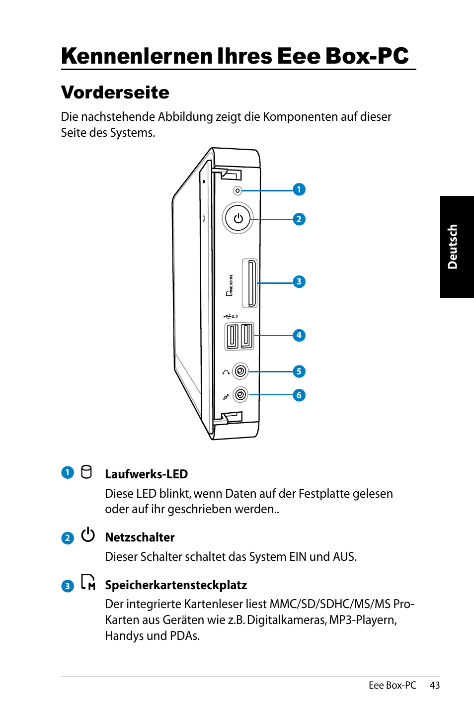 Kennenlernen ihres eee box-pc, Vorderseite | Asus B202 User Manual | Page 43 / 130