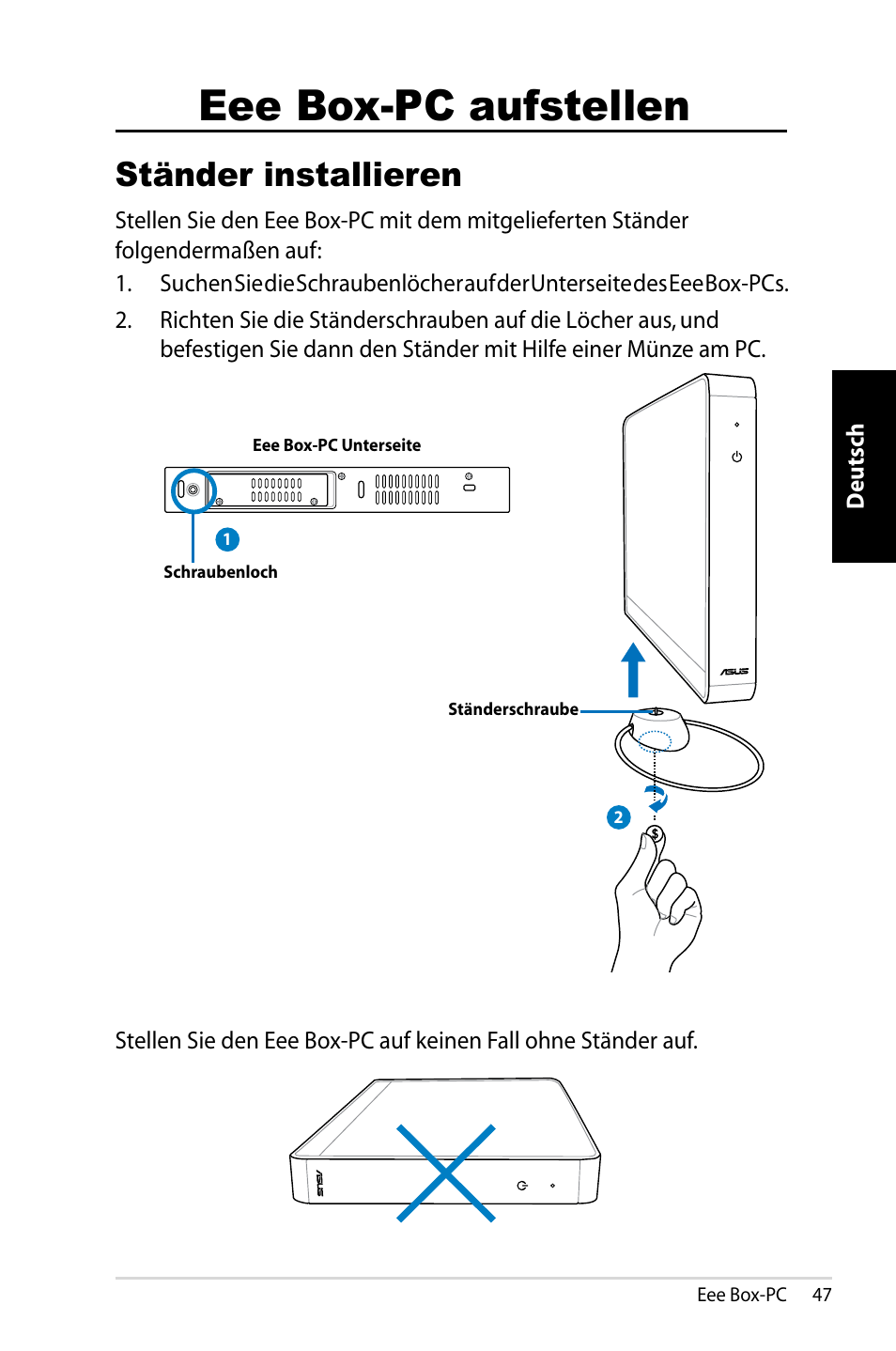 Eee box-pc aufstellen, Ständer installieren | Asus B202 User Manual | Page 47 / 130