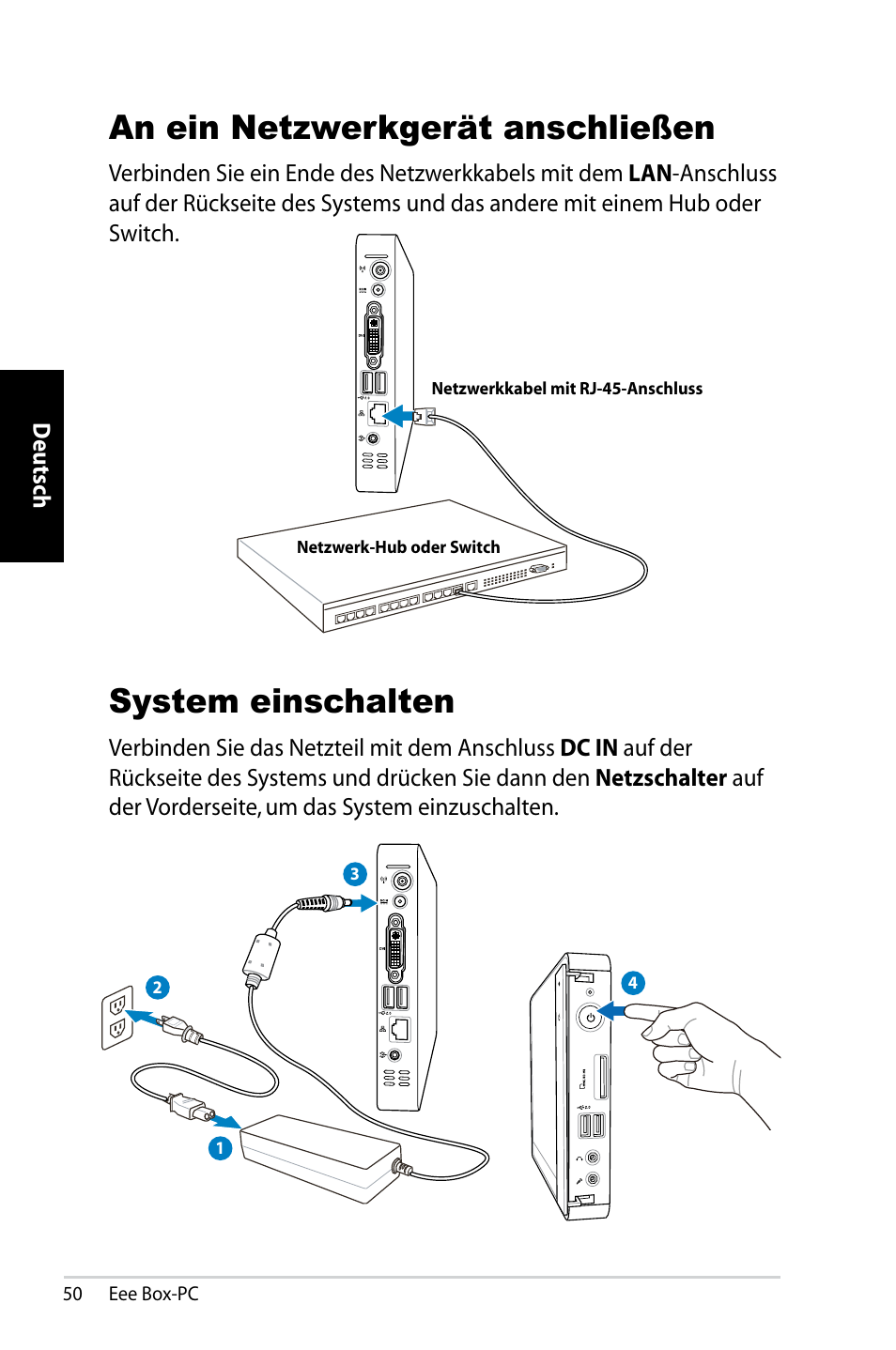 An ein netzwerkgerät anschließen, System einschalten | Asus B202 User Manual | Page 50 / 130