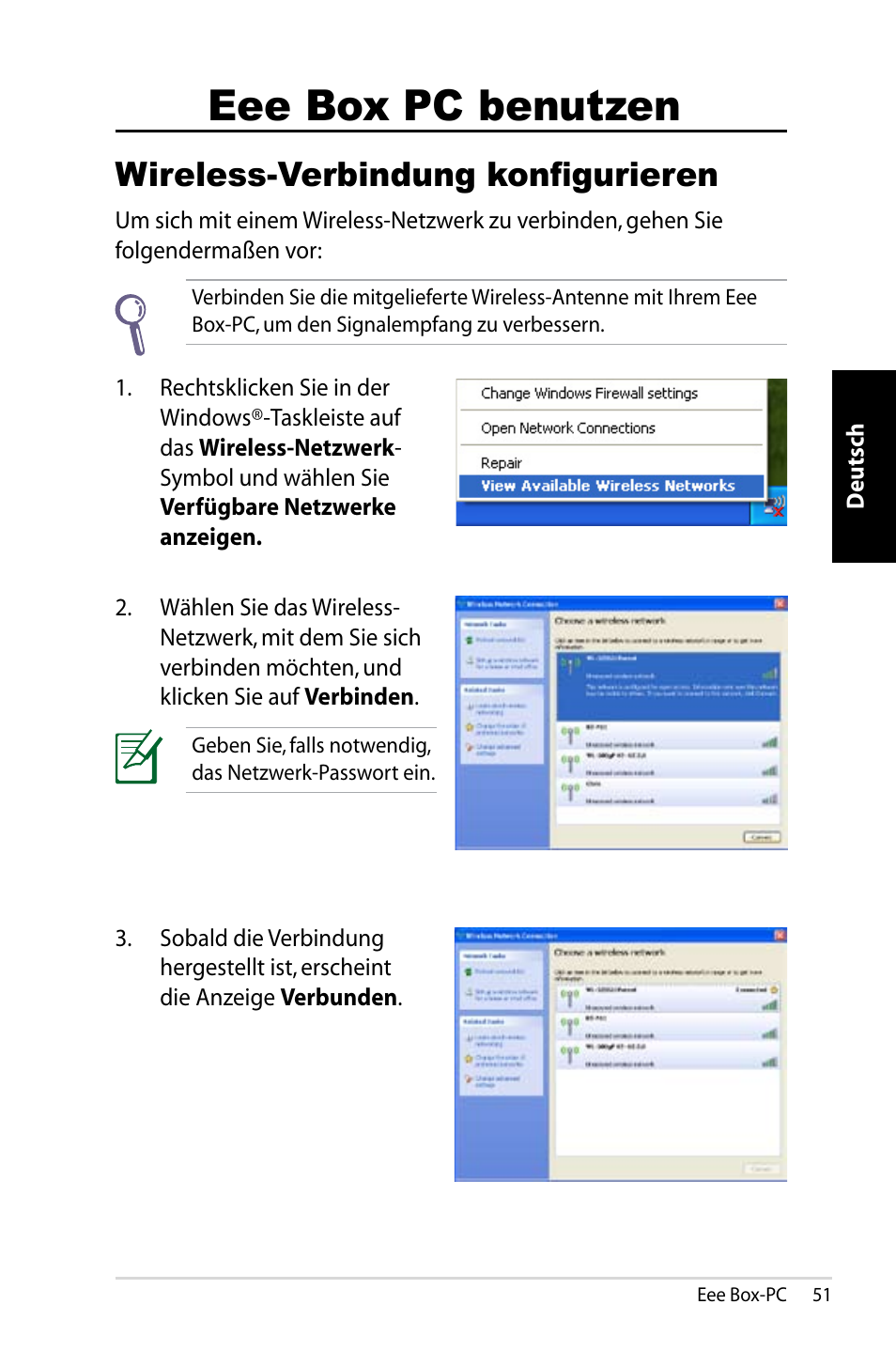 Eee box pc benutzen, Wireless-verbindung konfigurieren | Asus B202 User Manual | Page 51 / 130