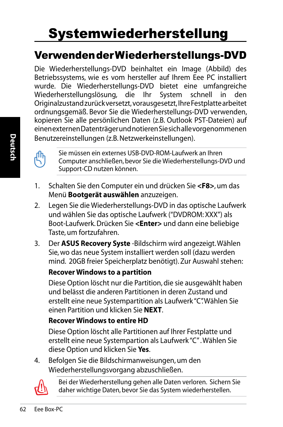 Systemwiederherstellung, Verwenden der wiederherstellungs-dvd | Asus B202 User Manual | Page 62 / 130