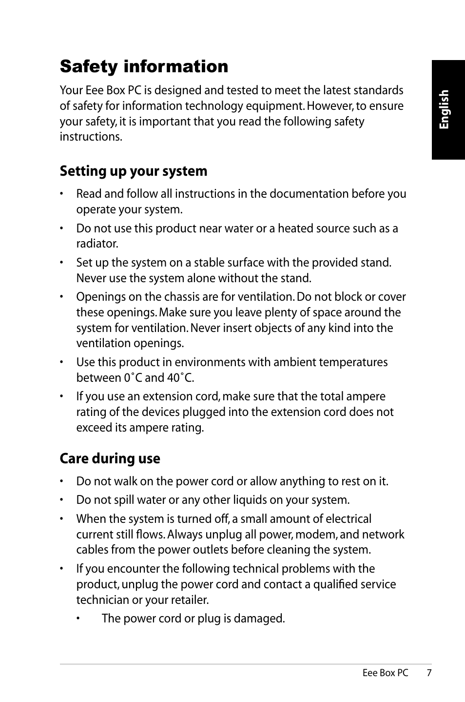 Safety information, Setting up your system, Care during use | Asus B202 User Manual | Page 7 / 130