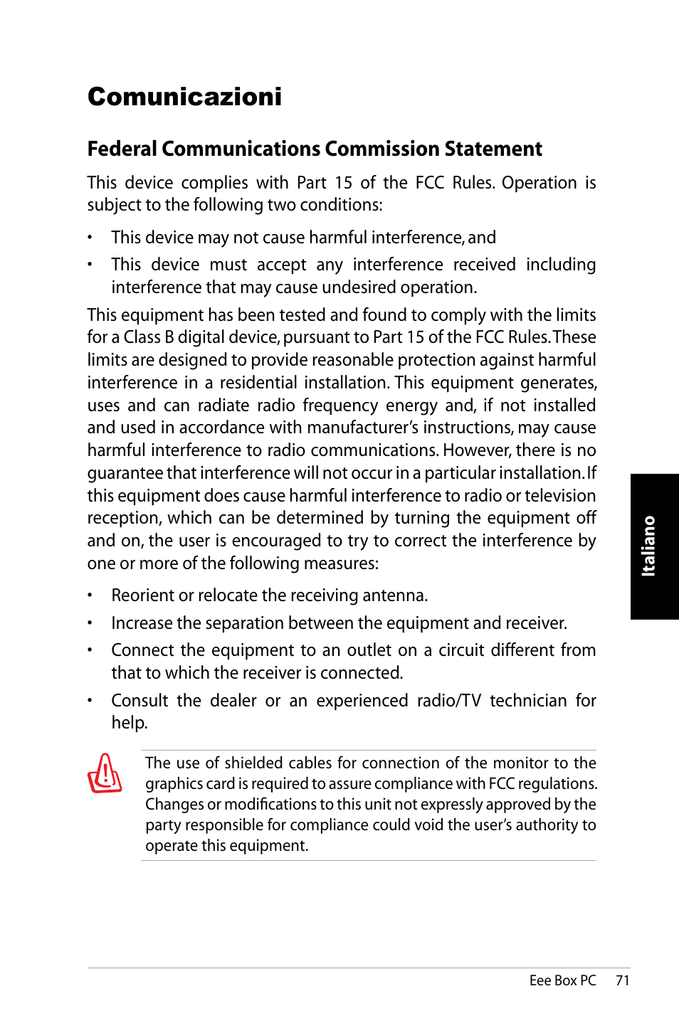 Comunicazioni, Federal communications commission statement | Asus B202 User Manual | Page 71 / 130