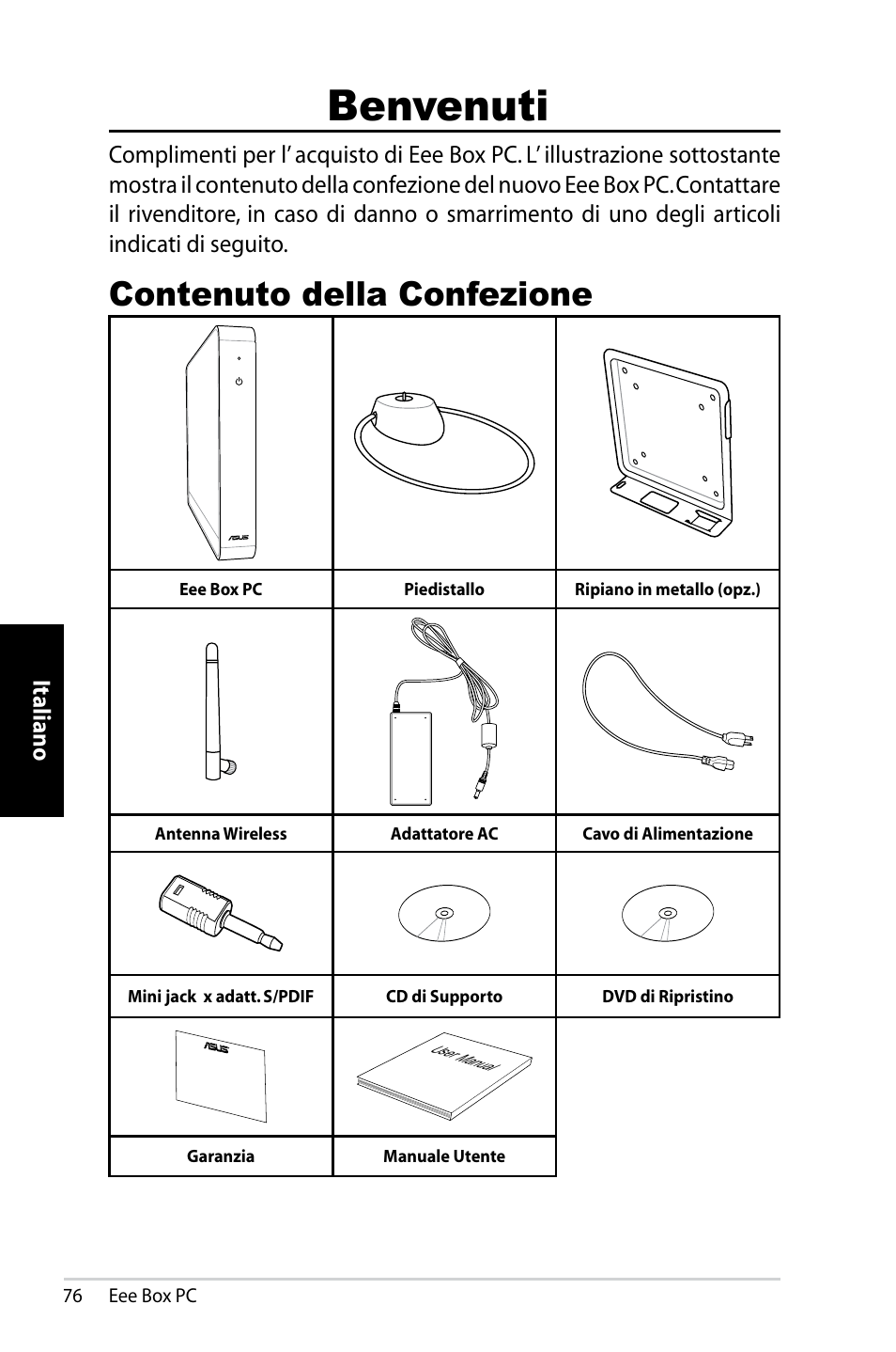Benvenuti, Contenuto della confezione, Italiano | Asus B202 User Manual | Page 76 / 130