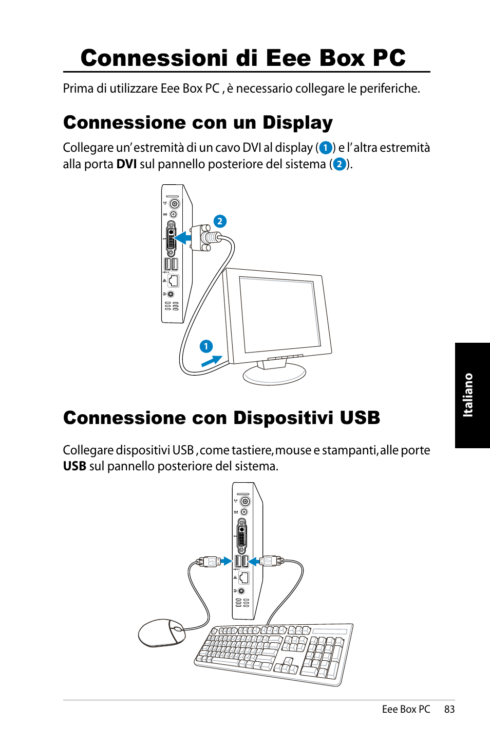 Connessioni di eee box pc, Connessione con un display, Connessione con dispositivi usb | Asus B202 User Manual | Page 83 / 130