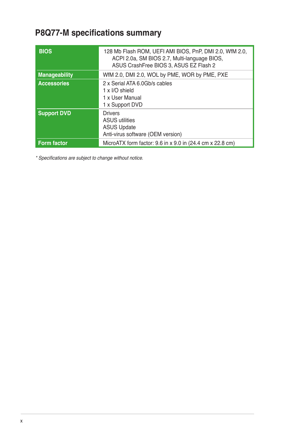P8q77-m specifications summary | Asus P8Q77-M User Manual | Page 10 / 78