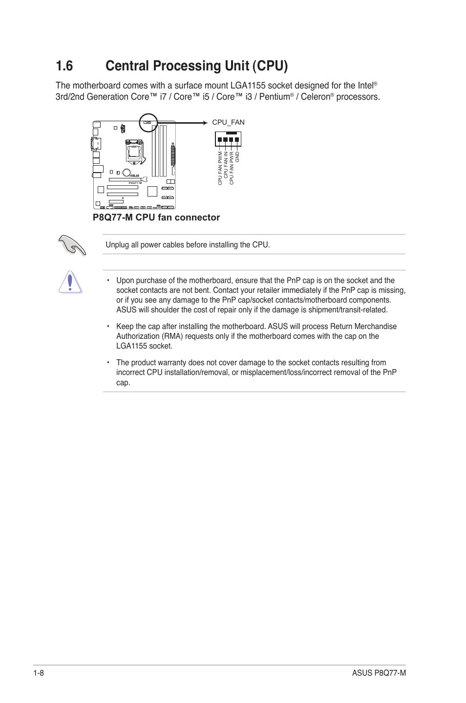 6 central processing unit (cpu), Central processing unit (cpu) -8, Celeron | Processors, P8q77-m cpu fan connector | Asus P8Q77-M User Manual | Page 18 / 78