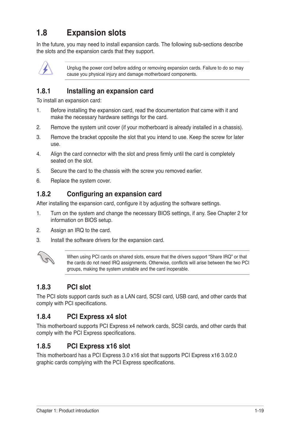 8 expansion slots, 1 installing an expansion card, 2 configuring an expansion card | 3 pci slot, 4 pci express x4 slot, 5 pci express x16 slot, Expansion slots -19 1.8.1, Installing an expansion card -19, Configuring an expansion card -19, Pci slot -19 | Asus P8Q77-M User Manual | Page 29 / 78