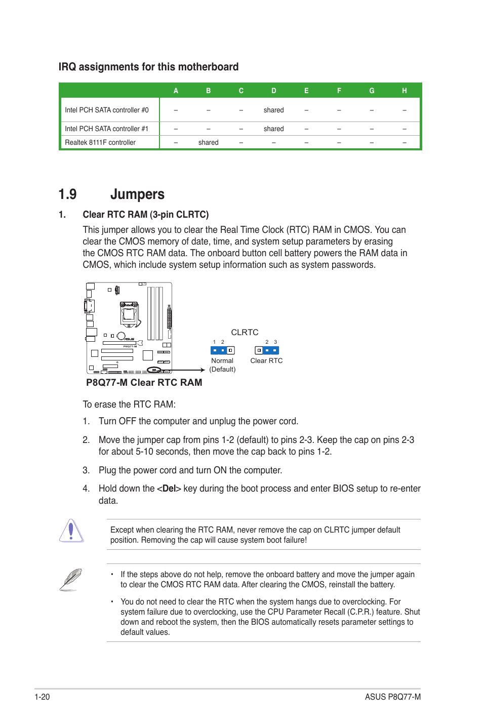 9 jumpers, Jumpers -20, Irq assignments for this motherboard | P8q77-m clear rtc ram | Asus P8Q77-M User Manual | Page 30 / 78