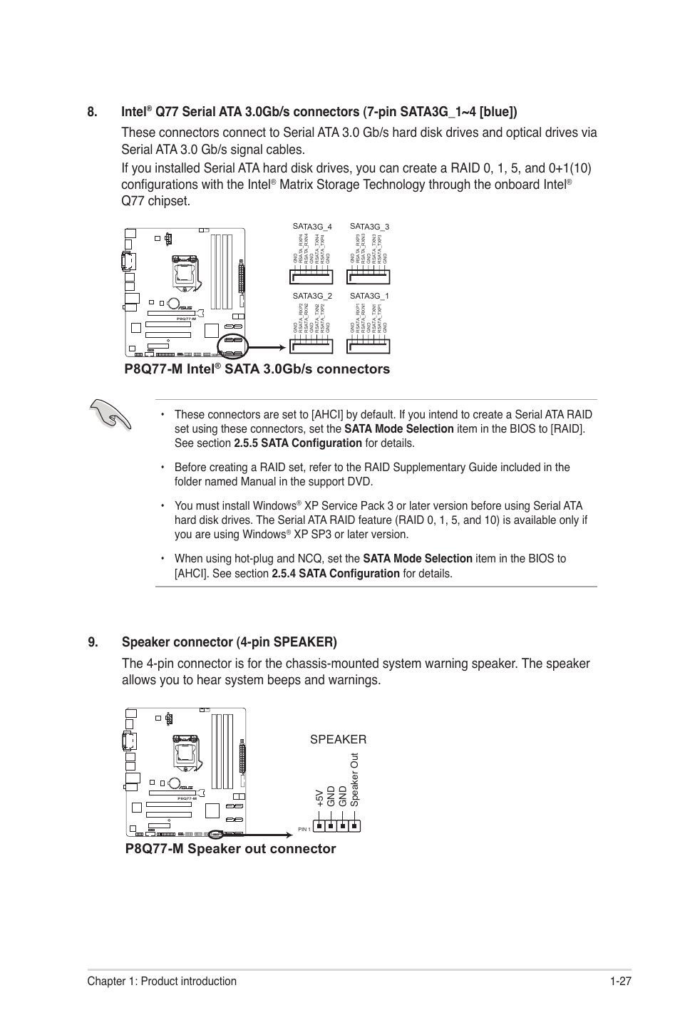 Intel, P8q77-m intel, Sata 3.0gb/s connectors | P8q77-m speaker out connector, Speaker, 5 v gn d gn d speaker ou t | Asus P8Q77-M User Manual | Page 37 / 78