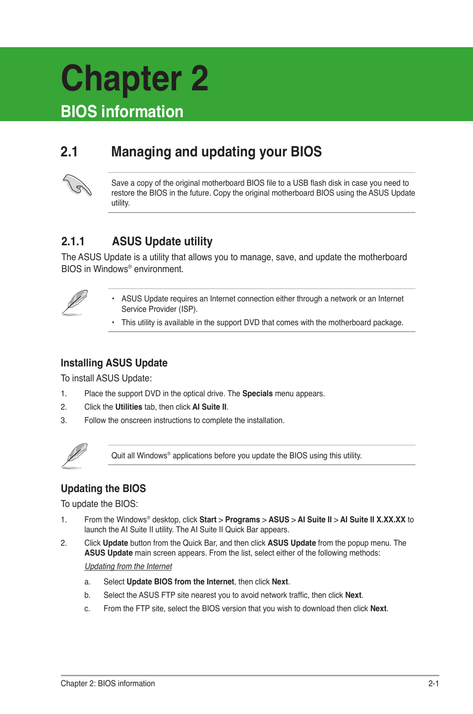 Chapter 2, Bios information, 1 managing and updating your bios | 1 asus update utility, Managing and updating your bios -1 2.1.1, Asus update utility -1 | Asus P8Q77-M User Manual | Page 45 / 78