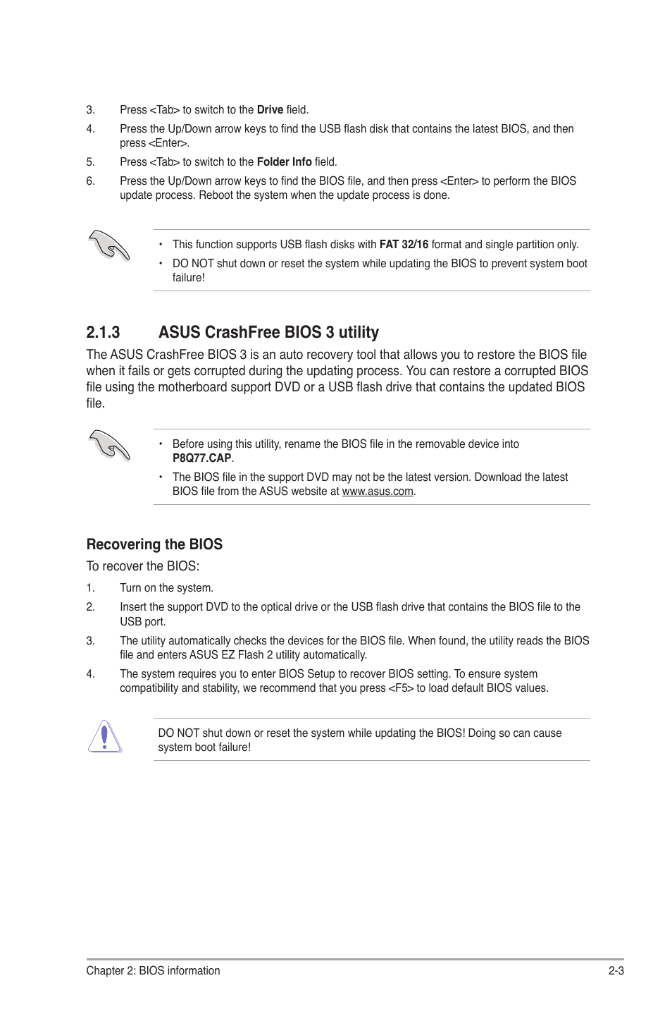 3 asus crashfree bios 3 utility, Asus crashfree bios 3 utility -3, Recovering the bios | Asus P8Q77-M User Manual | Page 47 / 78