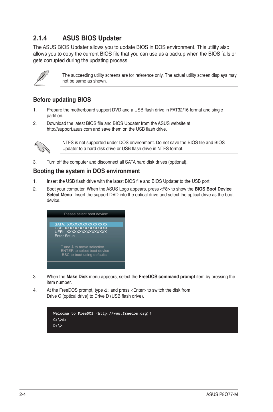 4 asus bios updater, Asus bios updater -4, Before updating bios | Booting the system in dos environment | Asus P8Q77-M User Manual | Page 48 / 78