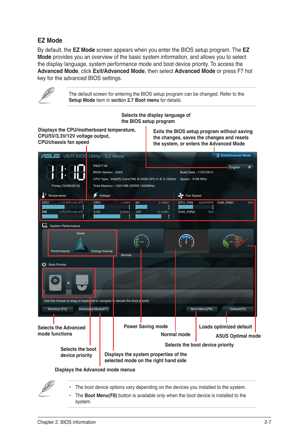 Ez mode, Chapter 2: bios information 2-7 | Asus P8Q77-M User Manual | Page 51 / 78