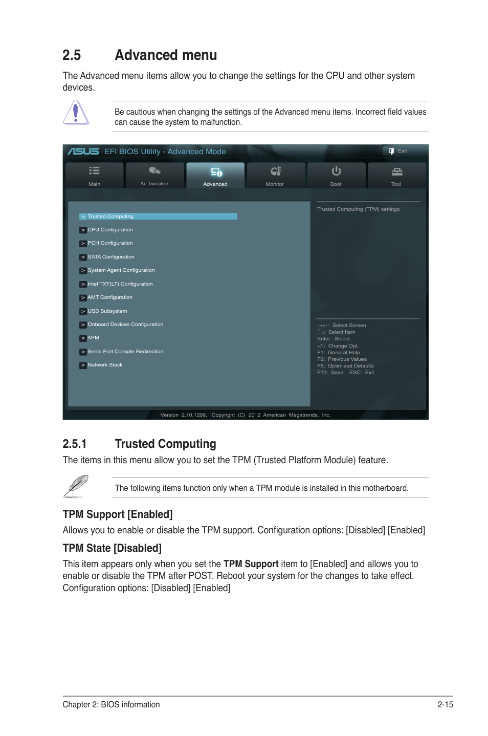 5 advanced menu, 1 trusted computing, Advanced menu -15 2.5.1 | Trusted computing -15, Tpm support [enabled, Tpm state [disabled | Asus P8Q77-M User Manual | Page 59 / 78