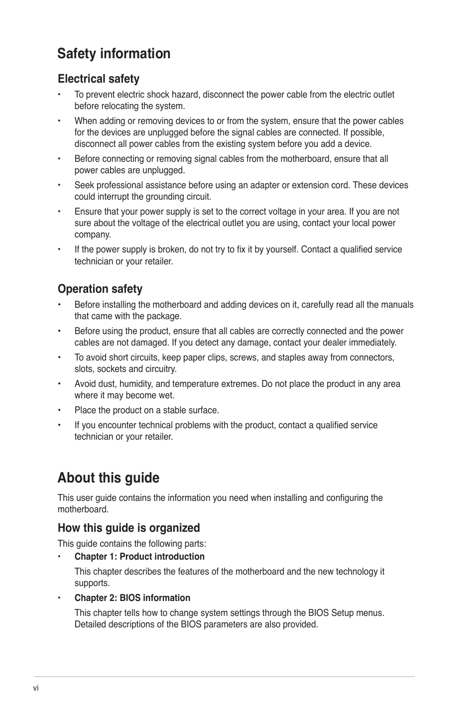 Safety information, About this guide, Electrical safety | Operation safety, How this guide is organized | Asus P8Q77-M User Manual | Page 6 / 78