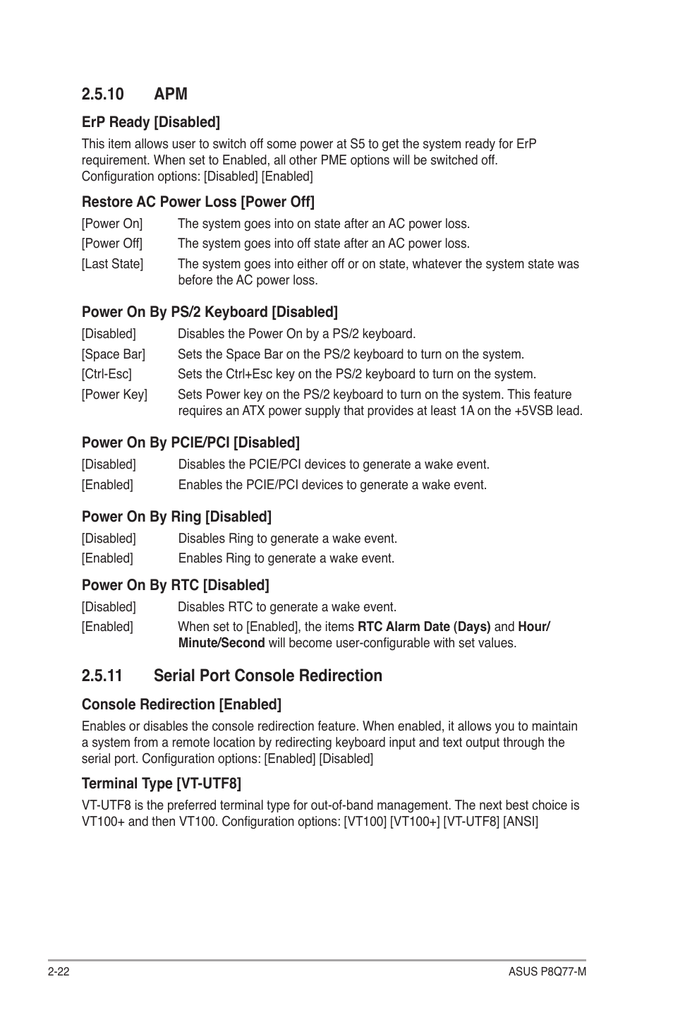 10 apm, 11 serial port console redirection | Asus P8Q77-M User Manual | Page 66 / 78