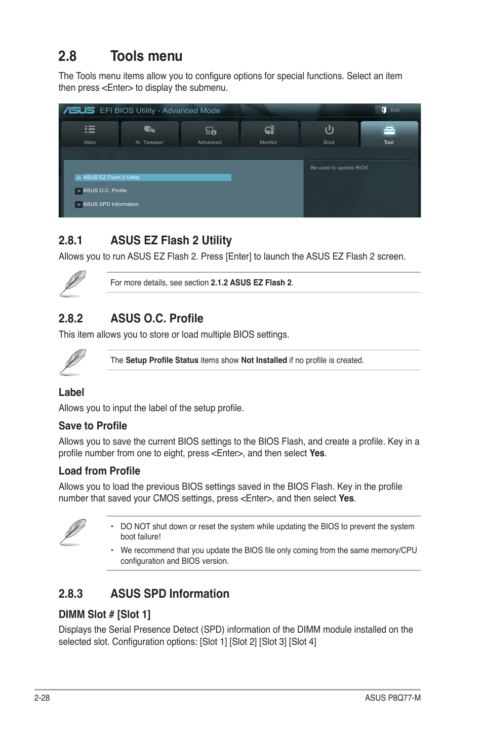 8 tools menu, 1 asus ez flash 2 utility, 2 asus o.c. profile | 3 asus spd information, Tools menu -28 2.8.1, Asus ez flash 2 utility -28, Asus o.c. profile -28, Asus spd information -28, Label, Save to profile | Asus P8Q77-M User Manual | Page 72 / 78