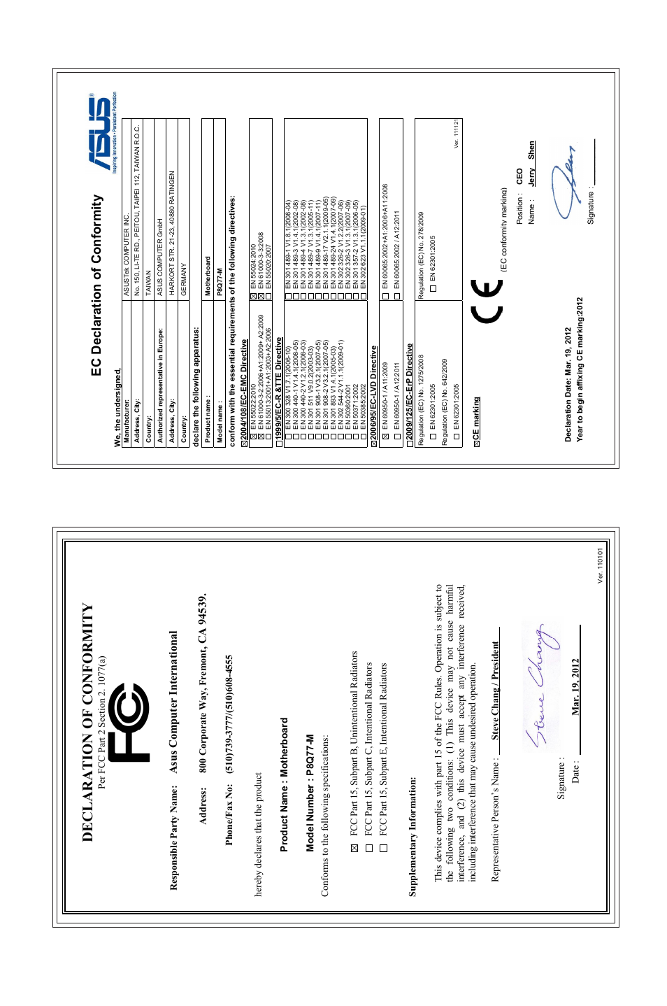 Declaration of conformity, Ec declaration of conformity, Asu s c om pu te r in te rn at io na l | Asus P8Q77-M User Manual | Page 78 / 78