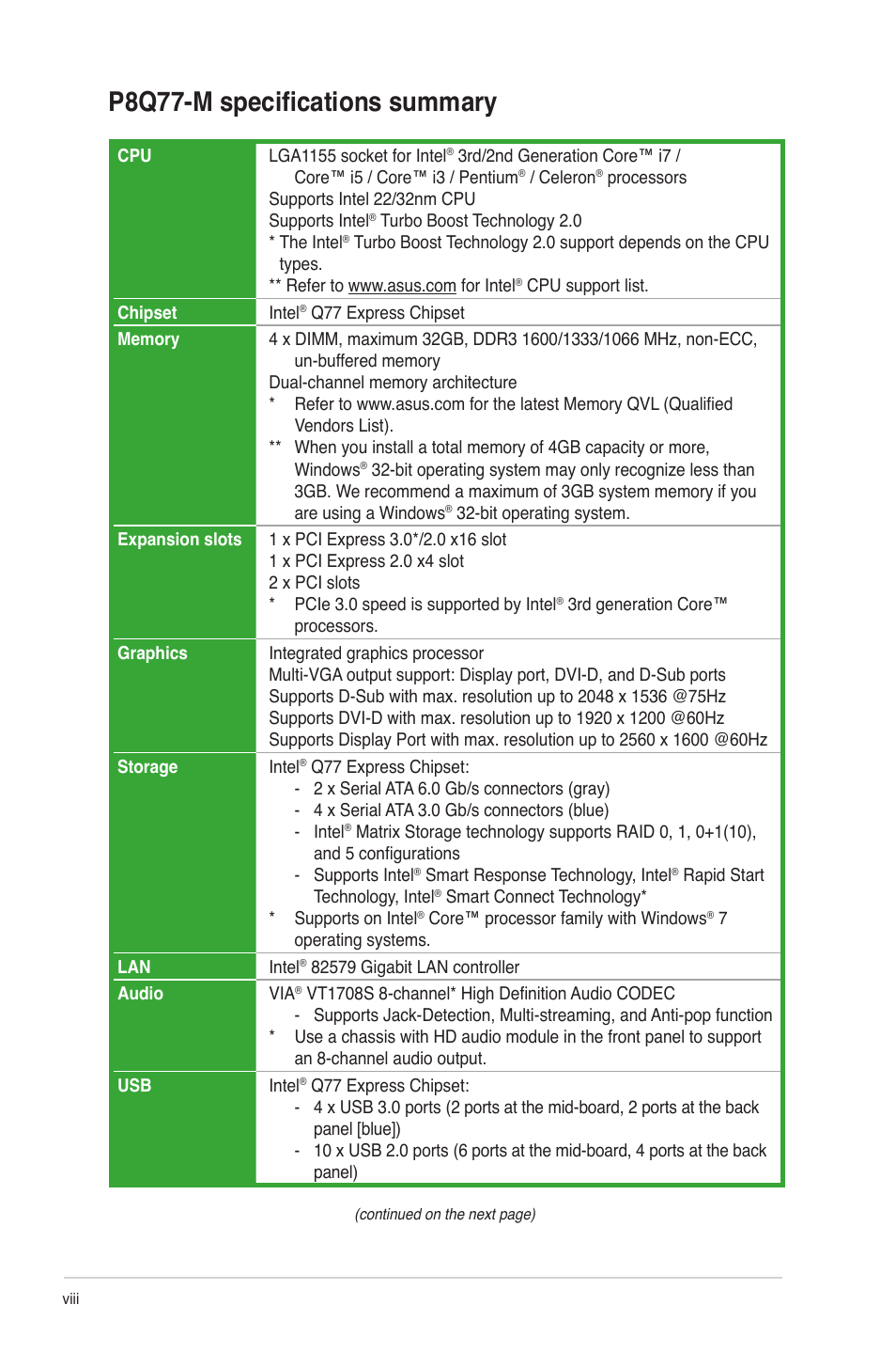 P8q77-m specifications summary | Asus P8Q77-M User Manual | Page 8 / 78