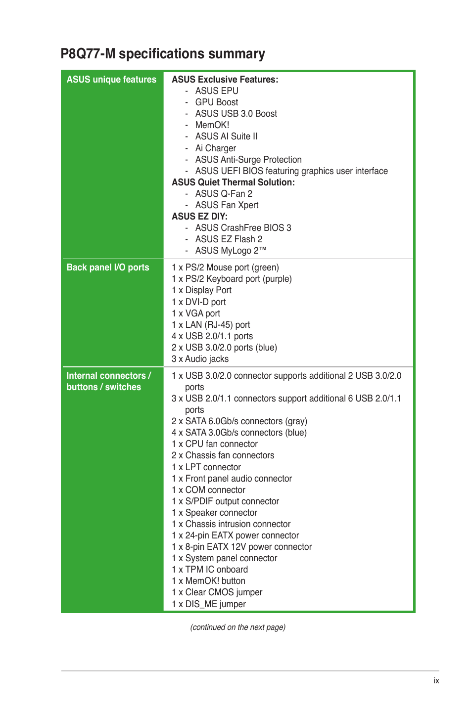 P8q77-m specifications summary | Asus P8Q77-M User Manual | Page 9 / 78