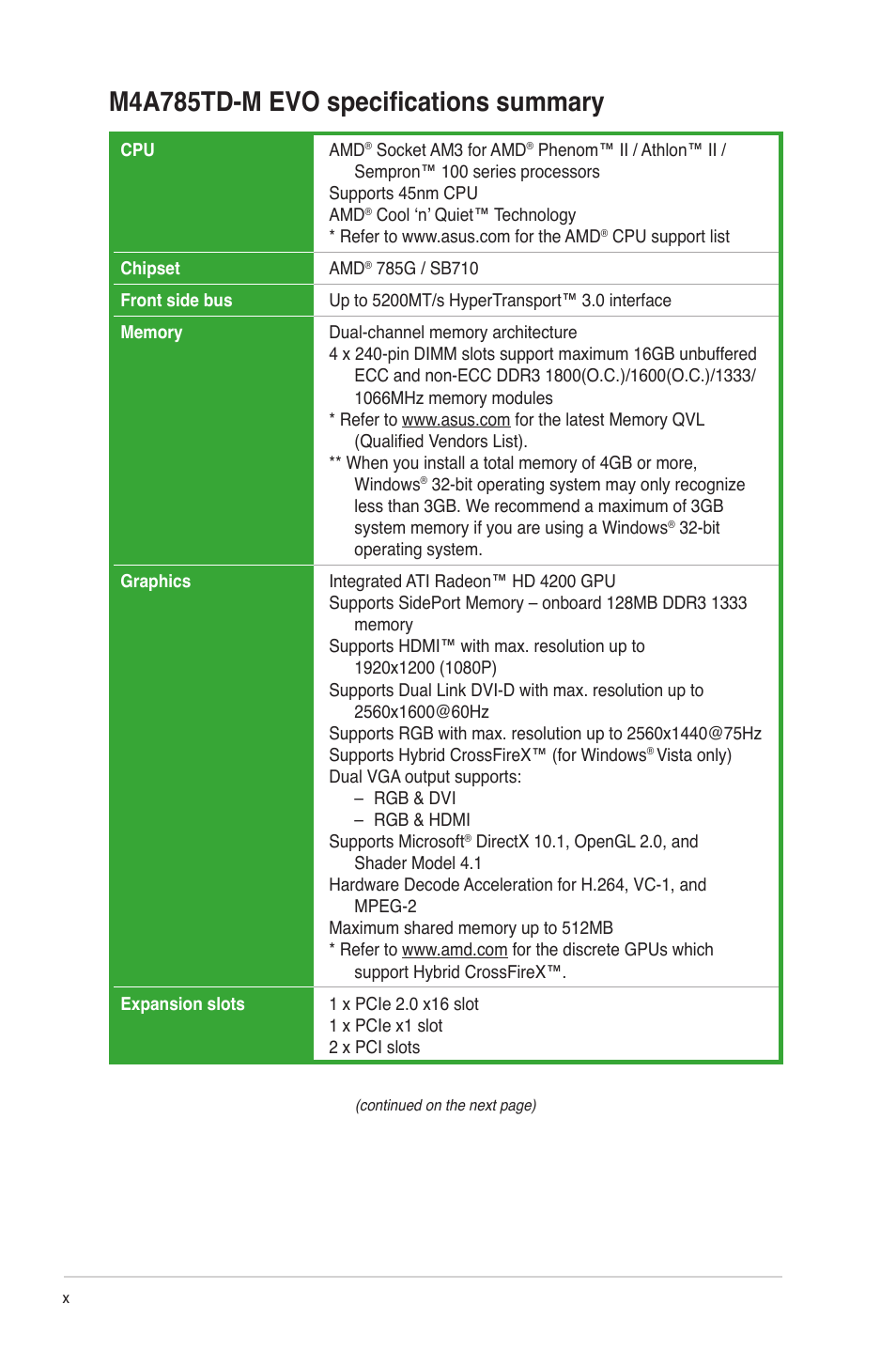 M4a785td-m evo specifications summary | Asus M4A785TD-M EVO User Manual | Page 10 / 64