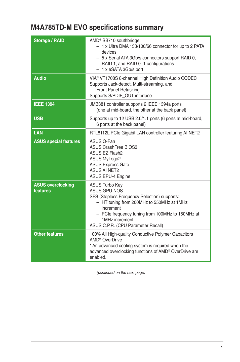 M4a785td-m evo specifications summary | Asus M4A785TD-M EVO User Manual | Page 11 / 64