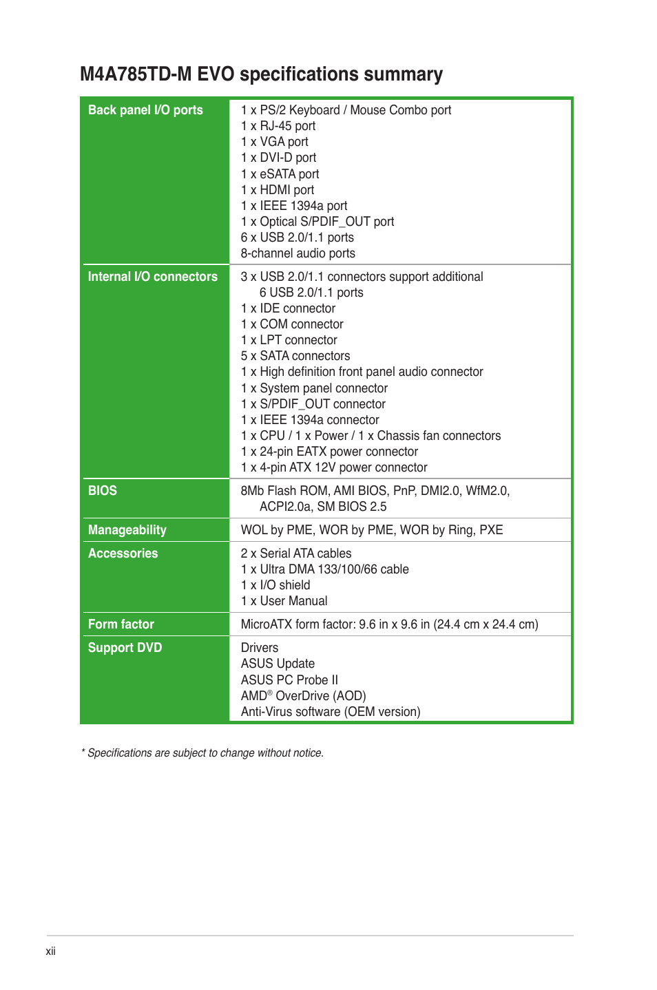 M4a785td-m evo specifications summary | Asus M4A785TD-M EVO User Manual | Page 12 / 64