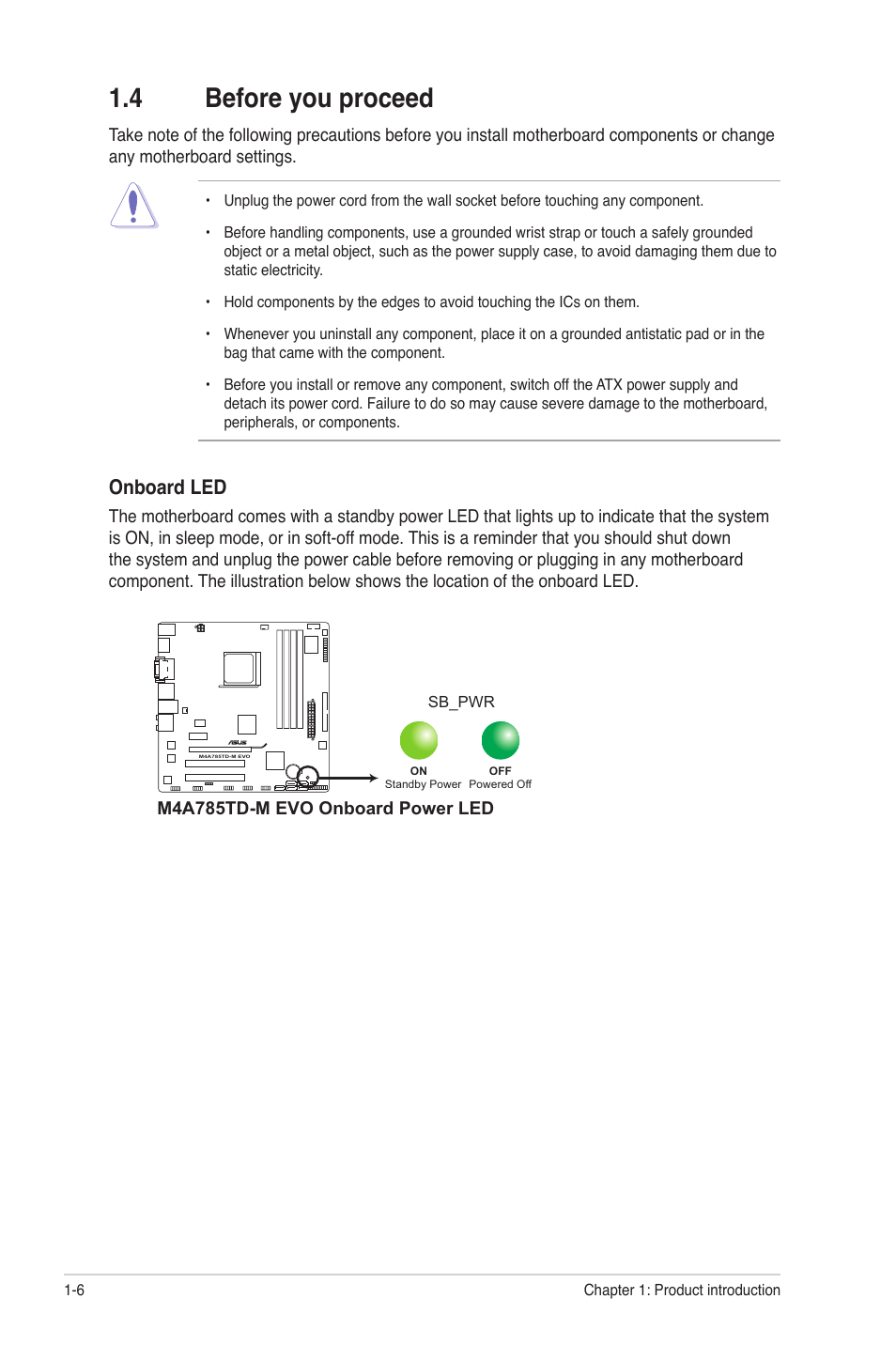 4 before you proceed, Before you proceed -6, Onboard led | Asus M4A785TD-M EVO User Manual | Page 18 / 64