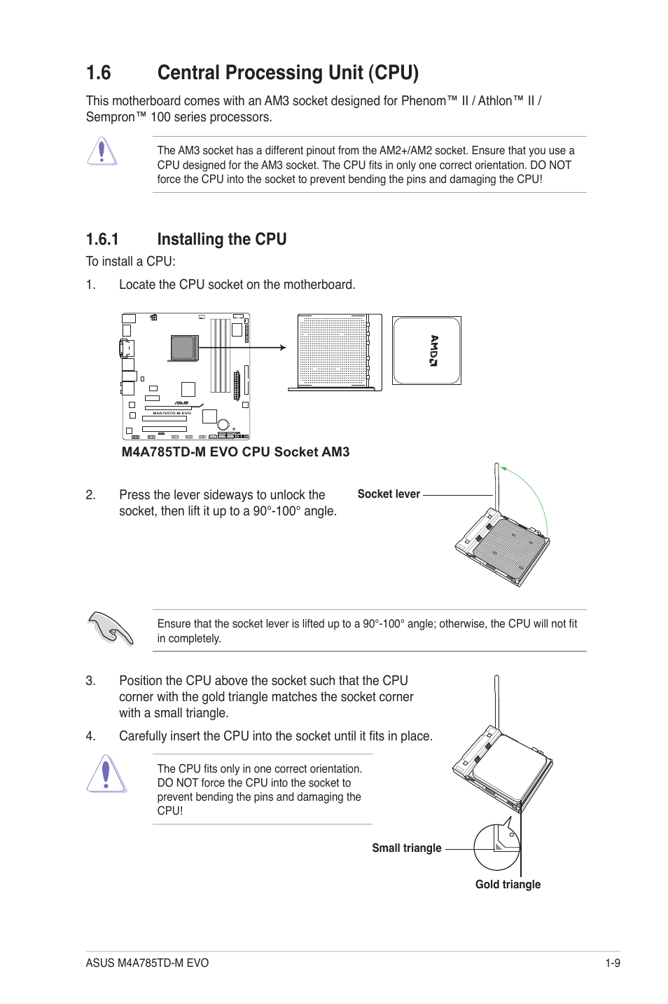 6 central processing unit (cpu), 1 installing the cpu, Central processing unit (cpu) -9 1.6.1 | Installing the cpu -9 | Asus M4A785TD-M EVO User Manual | Page 21 / 64