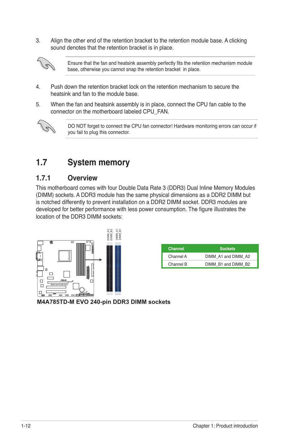 7 system memory, 1 overview, System memory -12 1.7.1 | Overview -12 | Asus M4A785TD-M EVO User Manual | Page 24 / 64