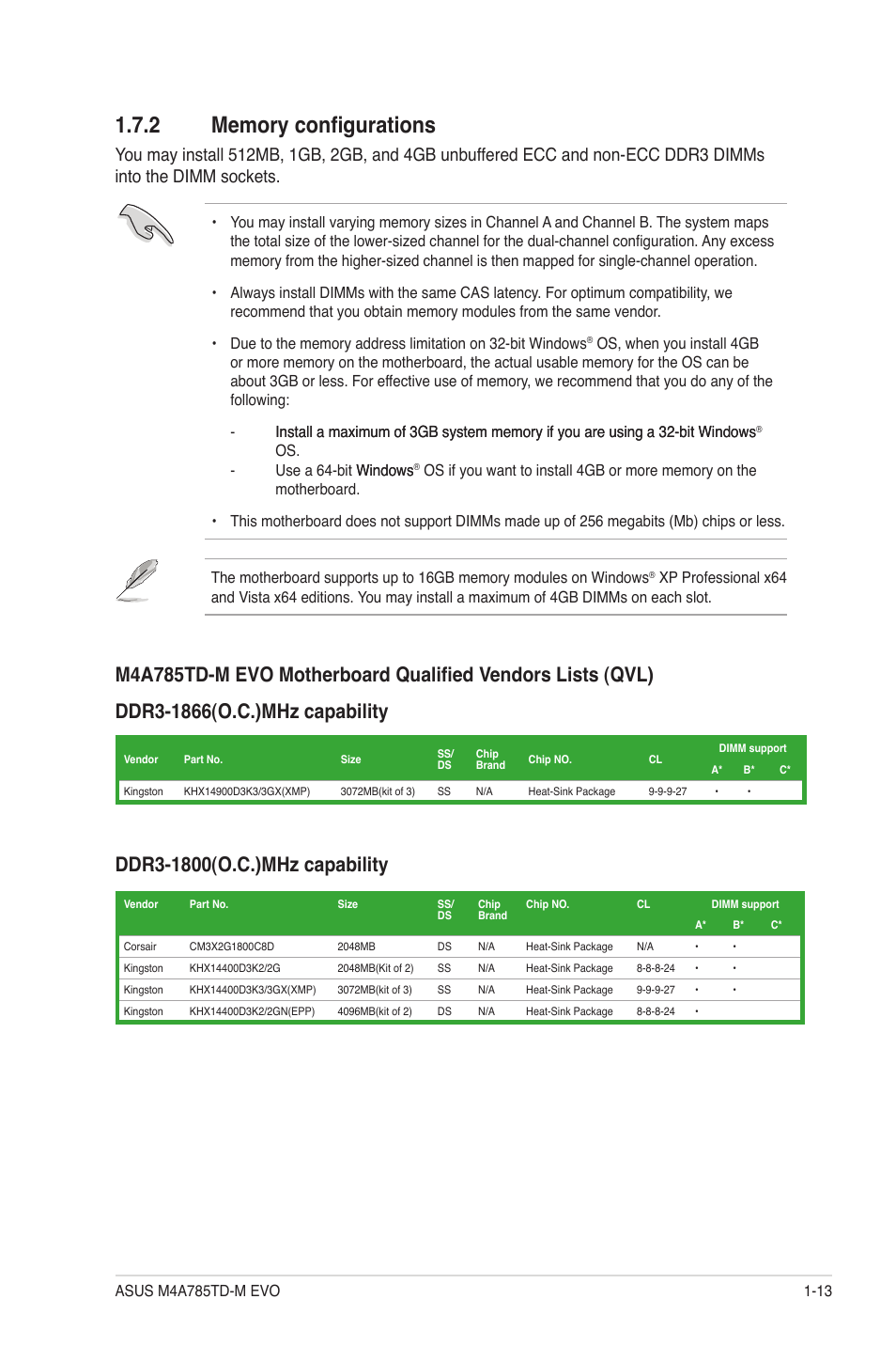 2 memory configurations, Memory configurations -13 | Asus M4A785TD-M EVO User Manual | Page 25 / 64