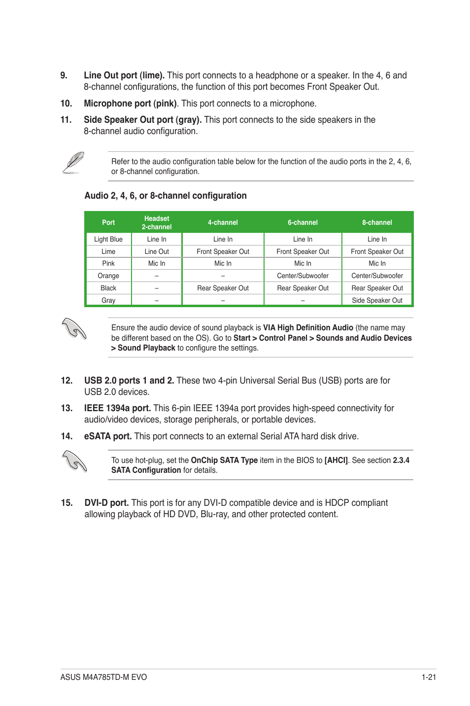 Audio 2, 4, 6, or 8-channel configuration | Asus M4A785TD-M EVO User Manual | Page 33 / 64