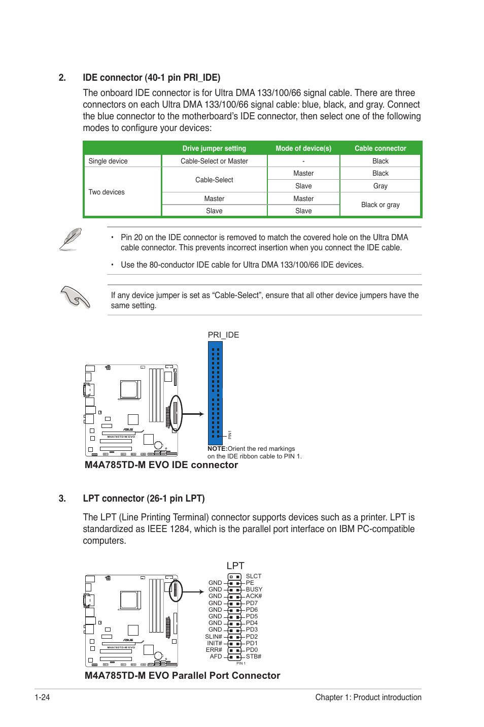 M4a785td-m evo ide connector, M4a785td-m evo parallel port connector | Asus M4A785TD-M EVO User Manual | Page 36 / 64