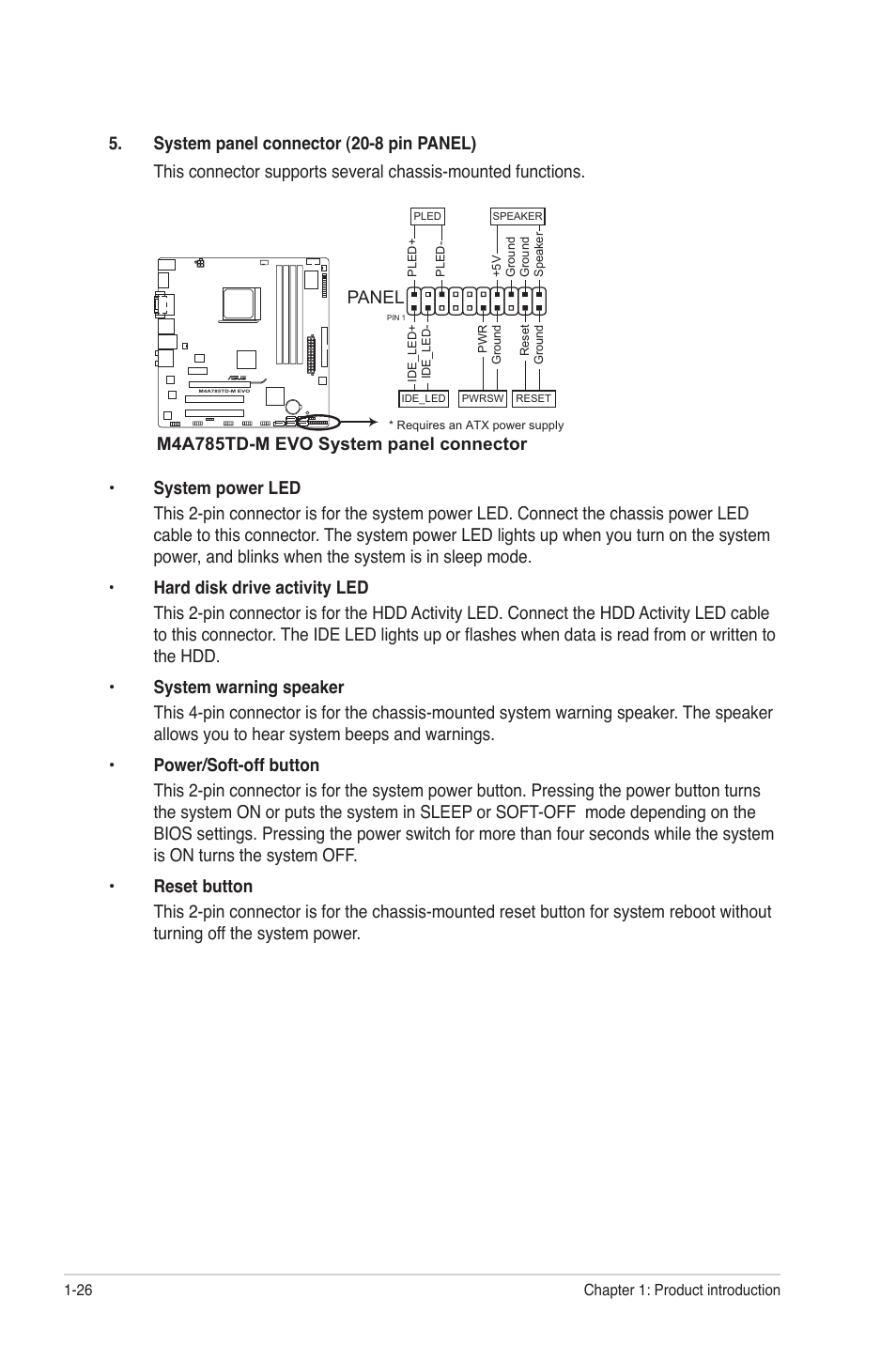 Panel, M4a785td-m evo system panel connector | Asus M4A785TD-M EVO User Manual | Page 38 / 64